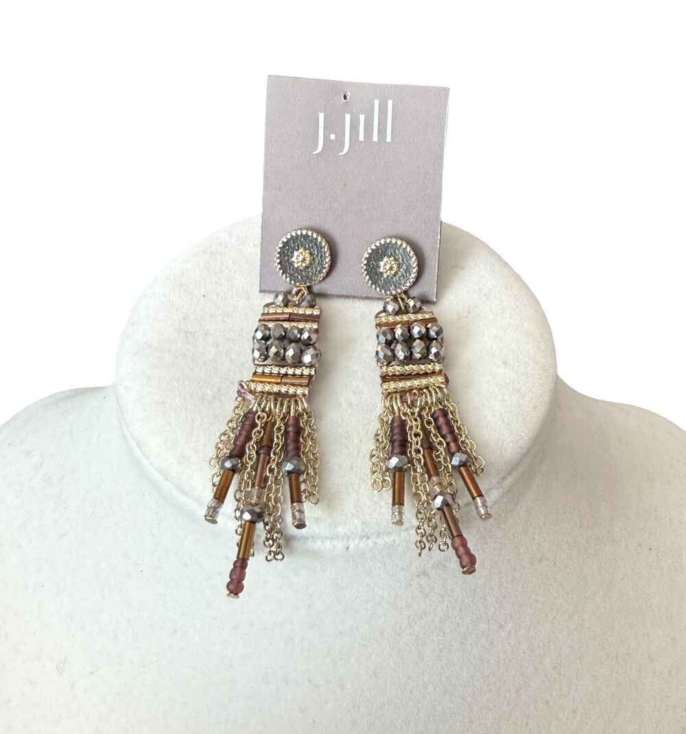 J Jill Beaded Fringe Earrings Gold Violet Glass Boho Statement Dangle Resort NWT - Picture 2 of 7